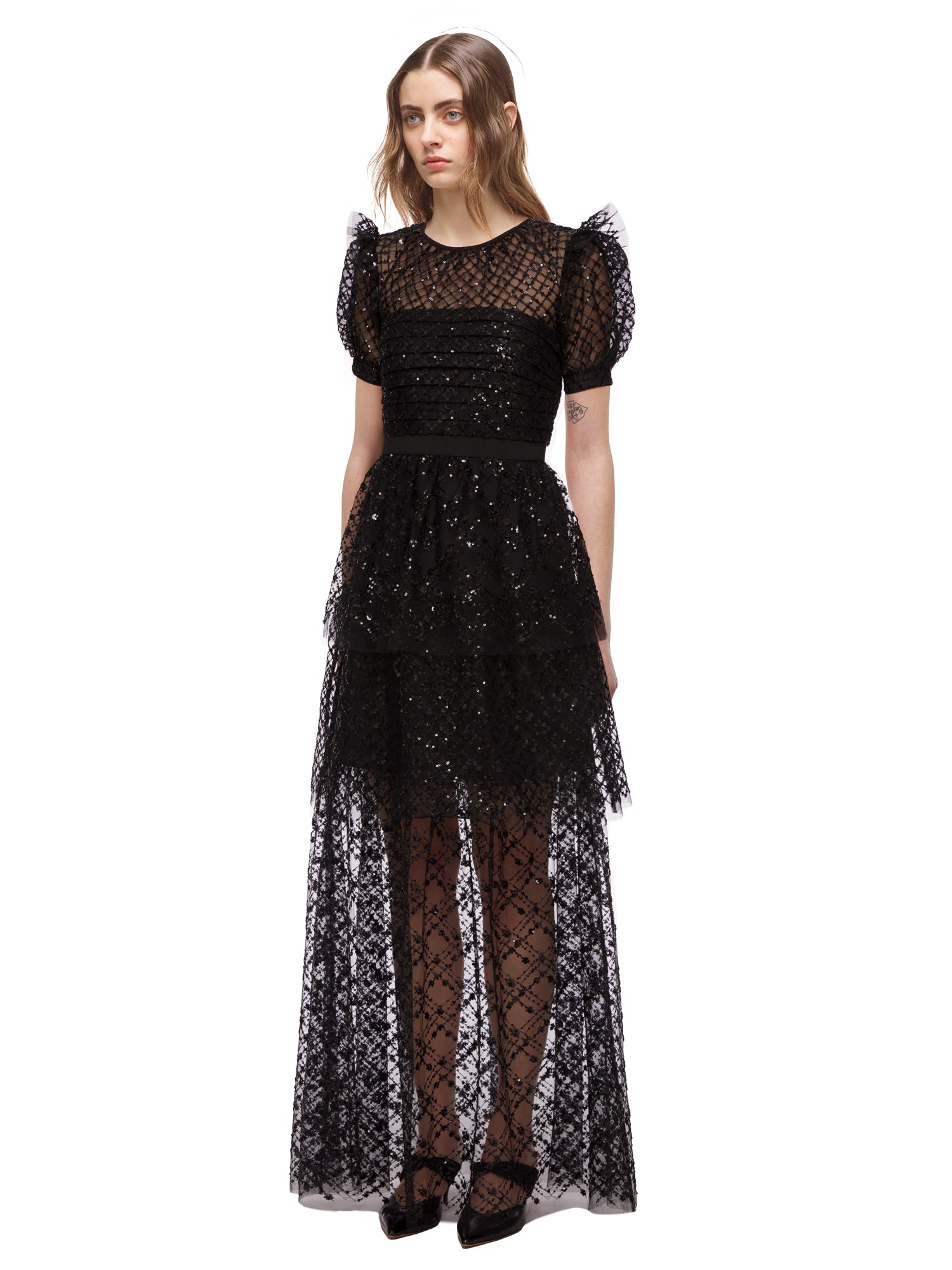 Black Grid Sequin Tiered Maxi Dress ...